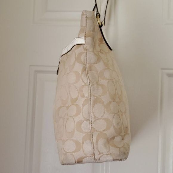 12CM COACH SHOULDER TOTE BAG KHAKI IVORY SIGNATURE JACQUARD HANDBAG PURSE WOMENS - Picture 9 of 13